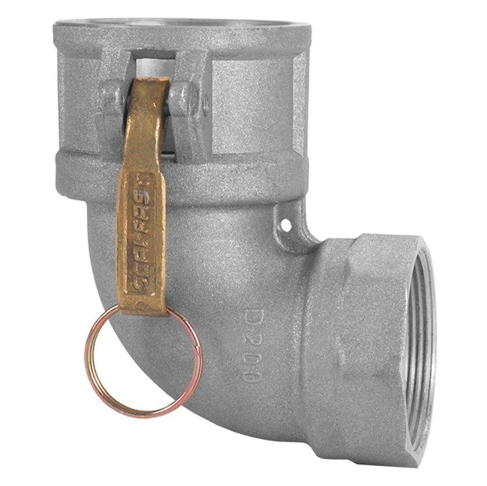 Seal Fast D200AL90 2-inch aluminum Type D female camlock coupler to female NPT 90-degree elbow fitting for hose manifold routing.