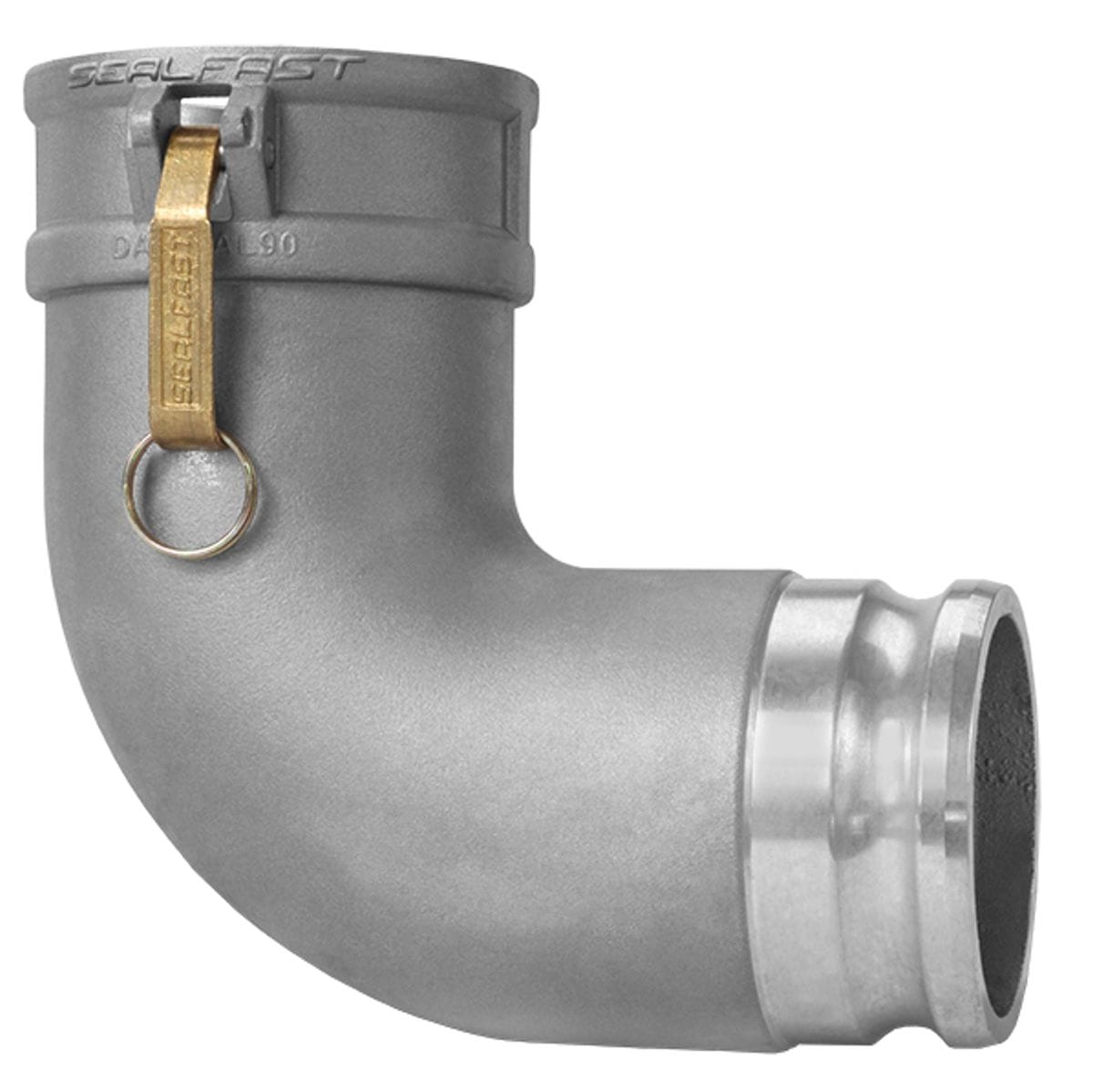 Seal Fast DA3020AL90 aluminum 3x2-inch Type DA reducing 90-degree camlock elbow fitting for compact fluid hose size transitions.