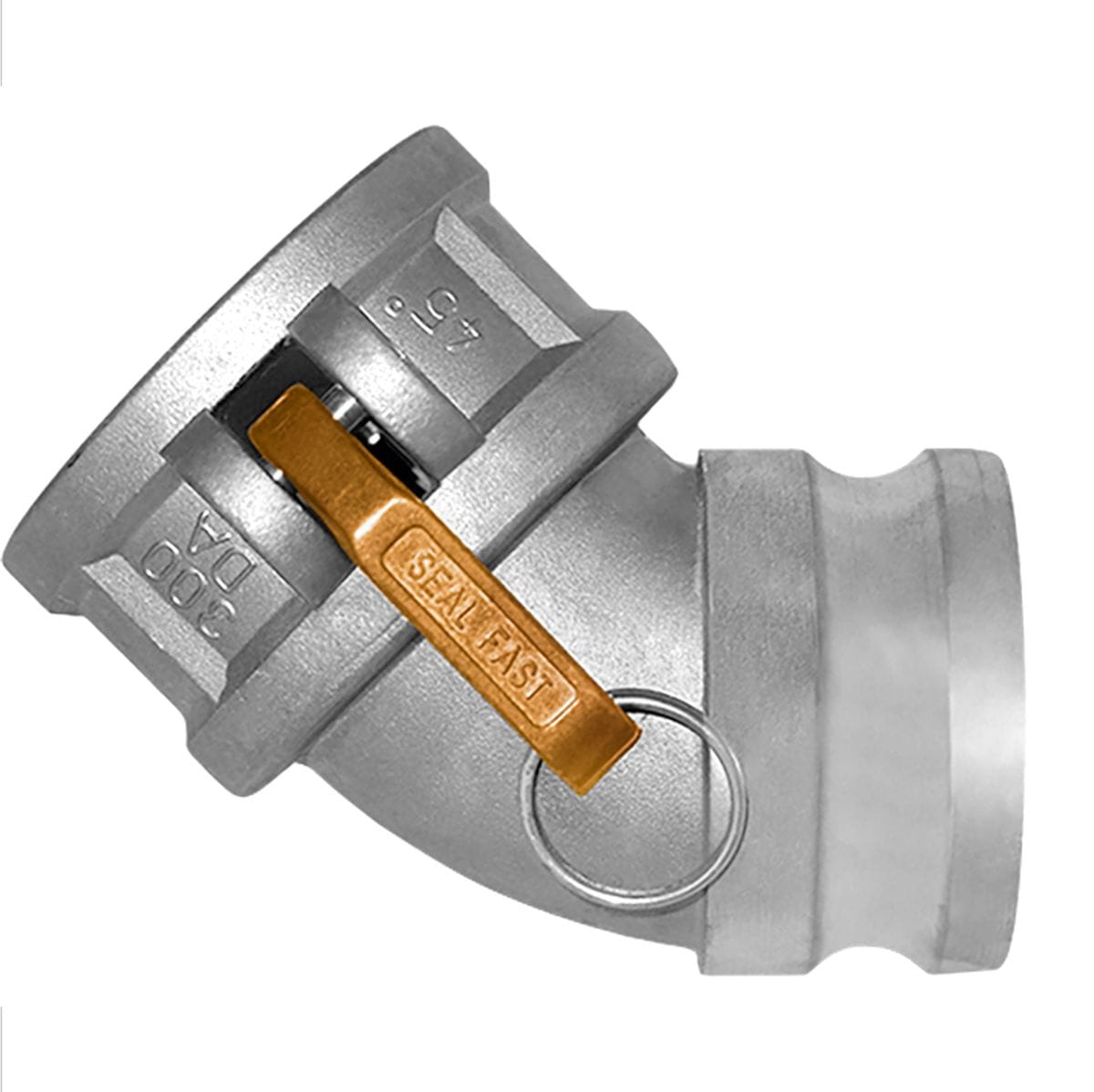Seal Fast DA6040AL45 aluminum 6x4-inch Type DA reducing 45-degree camlock elbow for gradual fluid hose size step-downs.