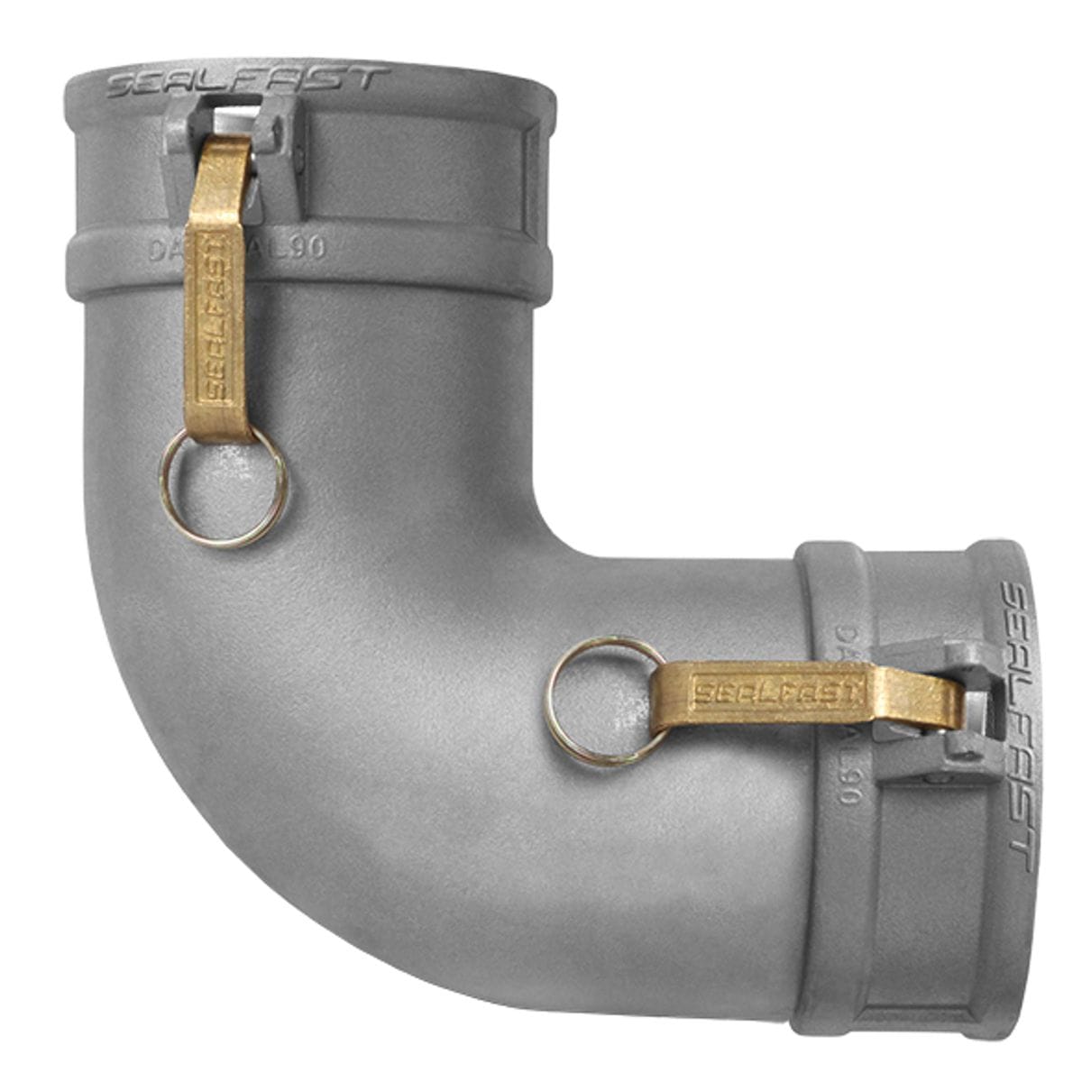 Seal Fast DD200AL90 2-inch aluminum Type DD female-to-female 90-degree camlock elbow for right-angle fluid hose coupling.
