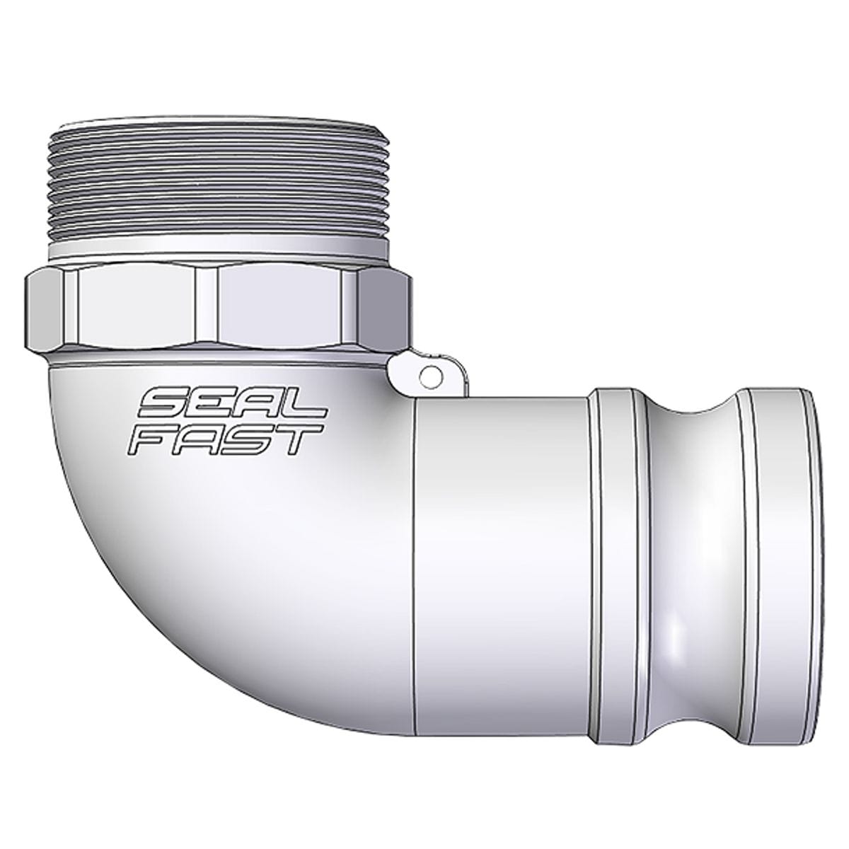 Seal Fast F200AL90 2-inch aluminum Type F male camlock adapter to male NPT 90-degree elbow fitting for tight pump line routing.