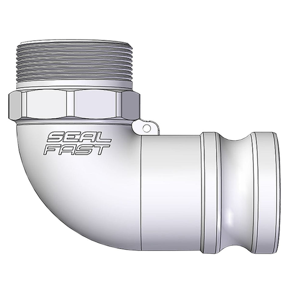 Seal Fast F200AL90 2-inch aluminum Type F male camlock adapter to male NPT 90-degree elbow fitting for tight pump line routing.