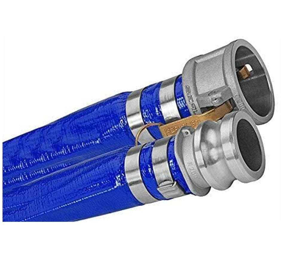 Blue hose with silver connectors on a white background