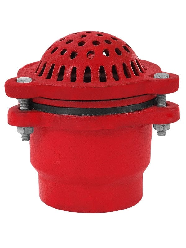 Red cast iron dome-style drain strainer with round perforated top cover, secured by bolts and gasket. Designed to prevent debris from entering plumbing or fluid systems, suitable for industrial and construction drainage applications.