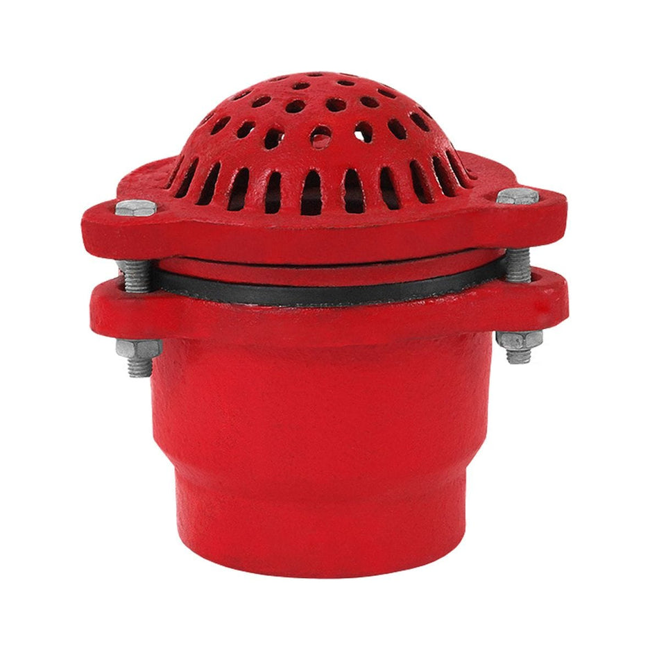 Red cast iron dome-style drain strainer with round perforated top cover, secured by bolts and gasket. Designed to prevent debris from entering plumbing or fluid systems, suitable for industrial and construction drainage applications.