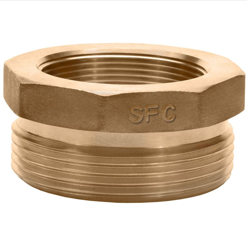Brass hex bushing adapter with female threads on top and male threads on bottom, designed for connecting hydrant fittings of different sizes. Hexagonal top allows for wrench tightening. "SFC" branding engraved on side. Used in plumbing and fluid transfer systems.