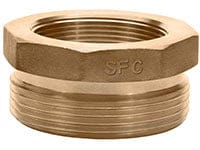 Brass hex bushing adapter with female threads on top and male threads on bottom, designed for connecting hydrant fittings of different sizes. Hexagonal top allows for wrench tightening. "SFC" branding engraved on side. Used in plumbing and fluid transfer systems.
