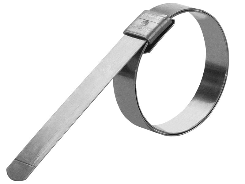 Preformed stainless steel center punch clamp with a smooth 5/8" wide band and integrated screw housing. Designed for securing hoses in industrial fluid systems, this clamp provides a permanent, leak-resistant seal when installed with a center punch tool. Ideal for 1.5" to 4.5" hose applications in agricultural, plumbing, and chemical transfer setups.