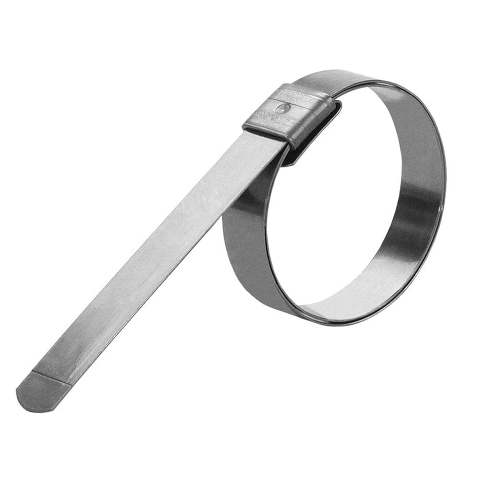 Preformed stainless steel center punch clamp with a smooth 5/8" wide band and integrated screw housing. Designed for securing hoses in industrial fluid systems, this clamp provides a permanent, leak-resistant seal when installed with a center punch tool. Ideal for 1.5" to 4.5" hose applications in agricultural, plumbing, and chemical transfer setups.