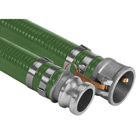 Seal Fast green PVC suction hose pipe conduit assemblies featuring rigid white helix reinforcement and fitted with preformed stainless steel punch clamps. The foreground assembly shows a heavy-duty industrial aluminum quick connect male adapter coupling fitting, while the background assembly displays a matching female coupler camlock fitting with a brass safety handle lever, optimized for fluid agricultural and chemical transfer line protection.