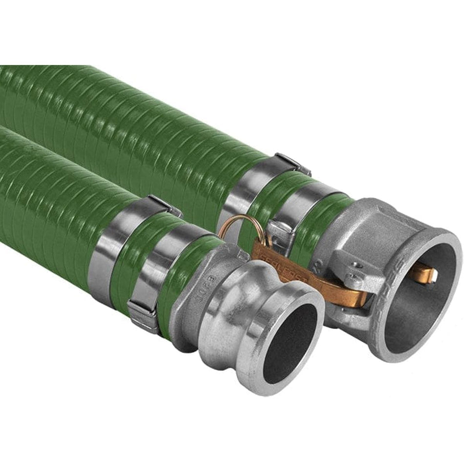 Seal Fast green PVC suction hose pipe conduit assemblies featuring rigid white helix reinforcement and fitted with preformed stainless steel punch clamps. The foreground assembly shows a heavy-duty industrial aluminum quick connect male adapter coupling fitting, while the background assembly displays a matching female coupler camlock fitting with a brass safety handle lever, optimized for fluid agricultural and chemical transfer line protection.