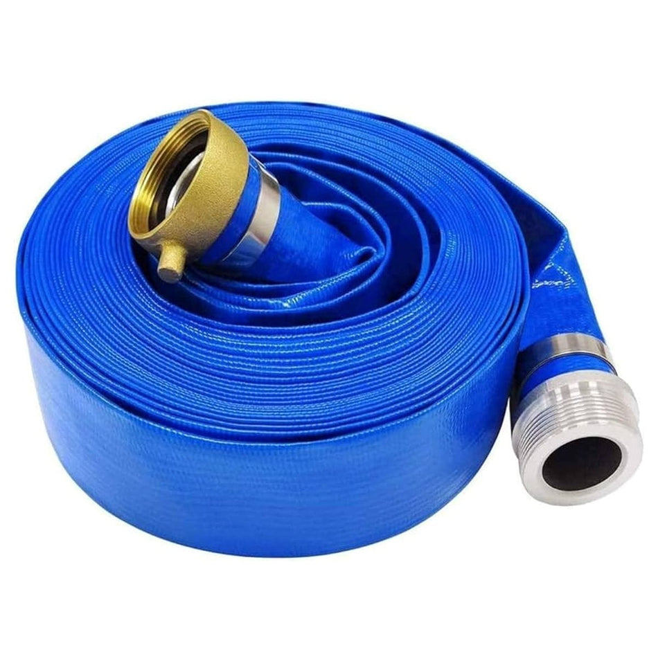 A 50-foot coil of heavy-duty blue PVC lay-flat discharge hose featuring factory-installed male and female aluminum threaded pin lug couplings for rapid water transfer and construction dewatering.