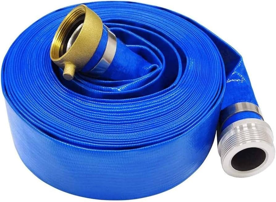 A 50-foot coil of heavy-duty blue PVC lay-flat discharge hose featuring factory-installed male and female aluminum threaded pin lug couplings for rapid water transfer and construction dewatering.