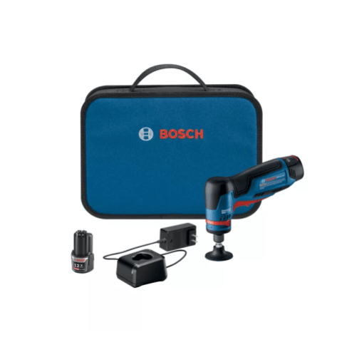  A Bosch 12V Max Brushless 1/4 in. Right Angle Die Grinder Kit. The kit includes a compact, blue and black die grinder with a right-angle head, designed for grinding and polishing in tight spaces. It features a small chuck at the angled head for holding grinding bits. The kit also contains a blue soft carrying case with the Bosch logo, a small black Bosch 12V battery, and a battery charger with a power cord, making it a portable and convenient.