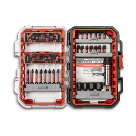  Crescent 55-Piece Vortex Screwdriver Bit Set. You can see the clear and black hard case opened to reveal the various screwdriver bits, nut setters, and the magnetic bit holder, all neatly organized within. The red accents and the Crescent APEX branding are also visible on the bits and the case inserts.