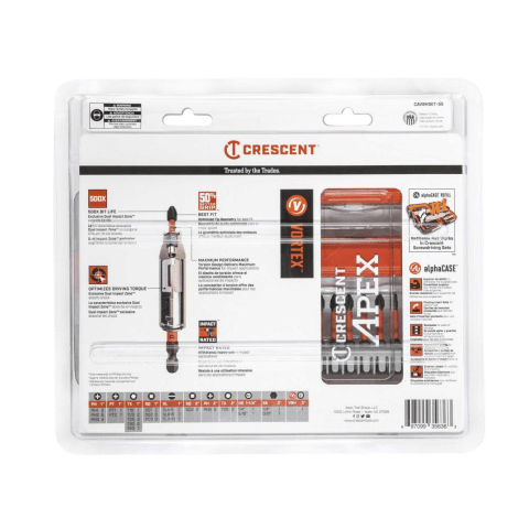 Crescent APEX VORTEX Bit Holding Fastening Set 55pc. The image shows a product package with a clear plastic front and a white cardboard backing, displaying a tool and its components. The package features the brand "Crescent" and includes a variety of small, metal tool bits arranged in slots, along with a larger, silver tool component.