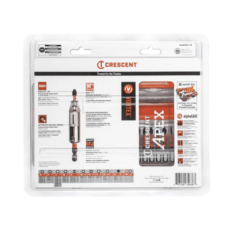Crescent APEX VORTEX Bit Holding Fastening Set 55pc. The image shows a product package with a clear plastic front and a white cardboard backing, displaying a tool and its components. The package features the brand "Crescent" and includes a variety of small, metal tool bits arranged in slots, along with a larger, silver tool component.