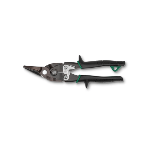  A tool that fits comfortably in your hand, like a pair of sturdy scissors for metal. These are aviation snips. The handles are black with green accents, and you can feel their textured surface for a good grip. The blades are made of smooth, cool metal, and they curve slightly to the right. You'll feel a locking latch near the pivot point, and a small loop at the end of one handle.