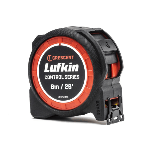 The image shows a round, black tape measure with orange accents, labeled "Crescent Lufkin Control Series 8m / 26'." It features a "Brake" mechanism at the bottom, suggesting control over the tape's extension.