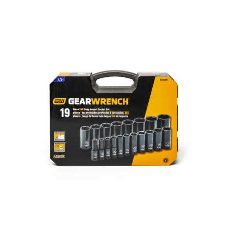 19-piece GearWrench 1/2" drive deep impact socket set in SAE sizes. The black and yellow packaging features the brand name and clearly shows the arrangement of the black sockets inside, indicating they are designed for impact tools.