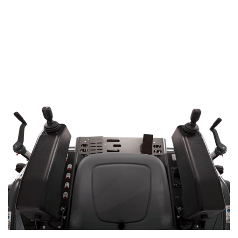 This is the operator's area of a piece of machinery, likely the Husqvarna CRT 48 concrete trowel. You can feel a seat in the center with a backrest. Flanking the seat are two control consoles, each with a joystick-like handle and several levers and buttons. These controls would be used to steer and operate the machine. The area feels open and designed for the operator to have easy access to all necessary functions.