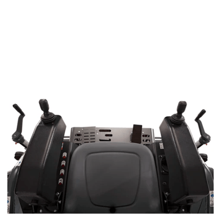 This is the operator's area of a piece of machinery, likely the Husqvarna CRT 48 concrete trowel. You can feel a seat in the center with a backrest. Flanking the seat are two control consoles, each with a joystick-like handle and several levers and buttons. These controls would be used to steer and operate the machine. The area feels open and designed for the operator to have easy access to all necessary functions.