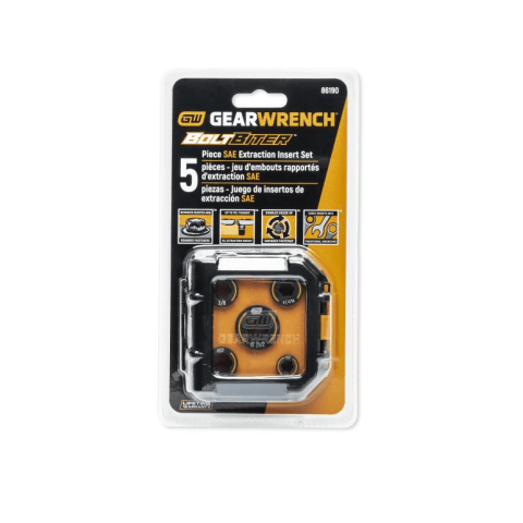 The image shows a rectangular retail package with a black, orange, and white color scheme. Inside the package, a black and orange holder contains several small, dark-colored inserts.