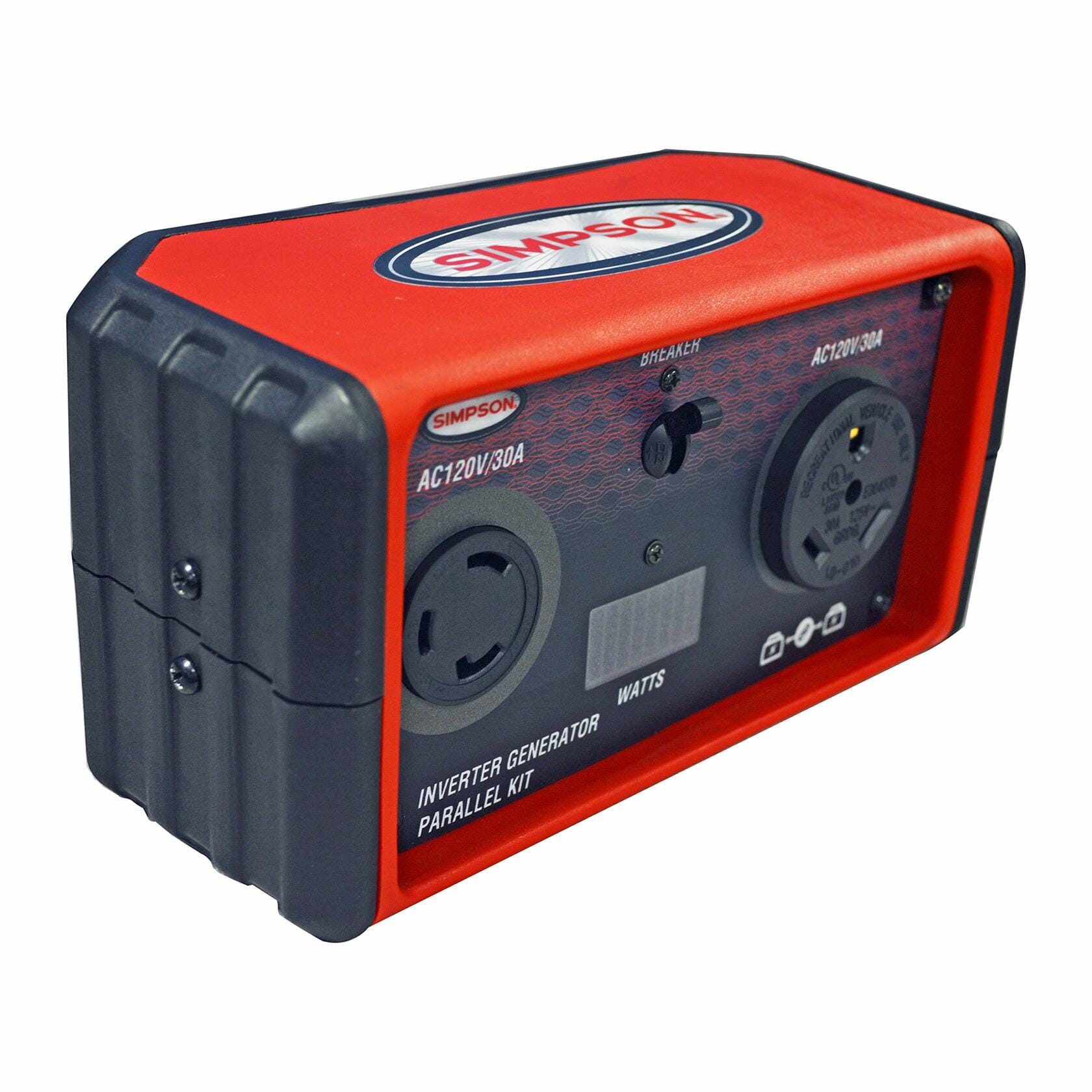 Angled view of the red and black Simpson SIG22PK Inverter Generator Parallel Kit, showing the weatherproof panel with the 30A circuit breaker switch and two AC 120V/30A outlets.
