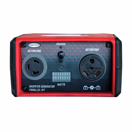 Frontal close-up of the Simpson Parallel Box control panel, clearly showing the two 120V/30A outlets (one twist-lock, one RV style), the 30A breaker toggle, and the LED display for wattage levels.