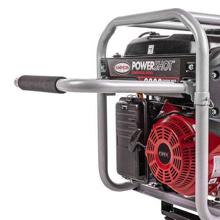 Close-up detail of the silver tubular steel folding handle with a black foam comfort grip in the extended position.