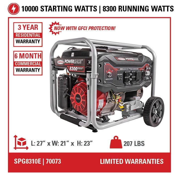 Infographic displaying generator specifications: 10000 Starting Watts, 8300 Running Watts, 3 Year Warranty, and weight of 207 lbs.