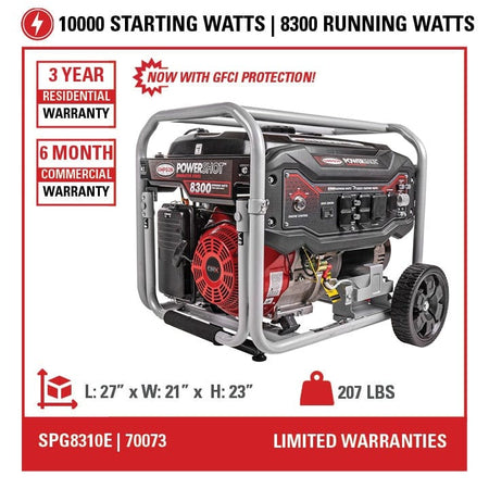 Infographic displaying generator specifications: 10000 Starting Watts, 8300 Running Watts, 3 Year Warranty, and weight of 207 lbs.
