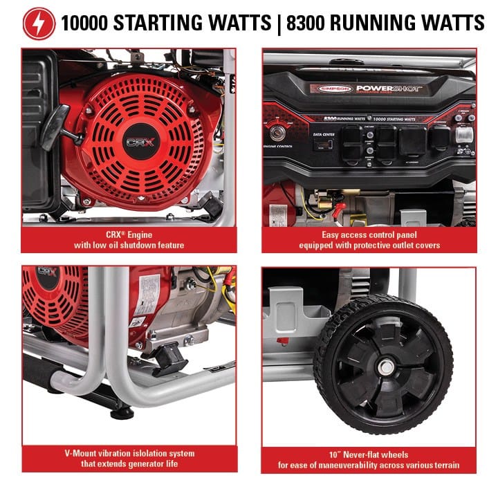 Composite image showing four detailed close-ups: the red CRX engine, the control panel with outlets, the vibration isolation system, and the 10-inch never-flat wheel.