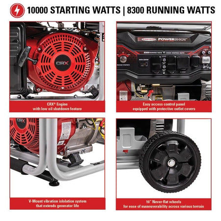 Composite image showing four detailed close-ups: the red CRX engine, the control panel with outlets, the vibration isolation system, and the 10-inch never-flat wheel.