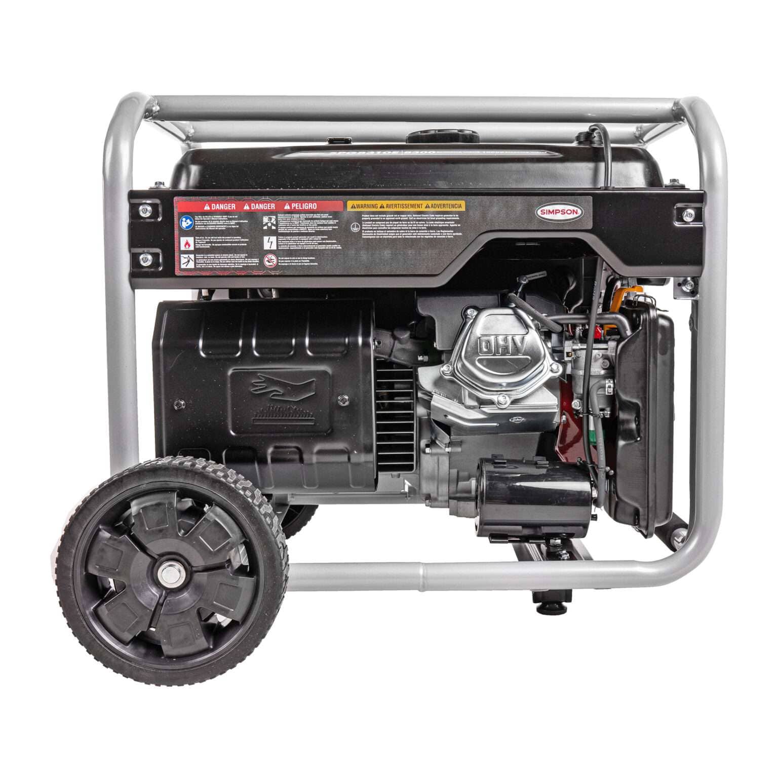 Side profile view of the portable generator highlighting the engine components, including the OHV cover, air filter, and electric starter motor.