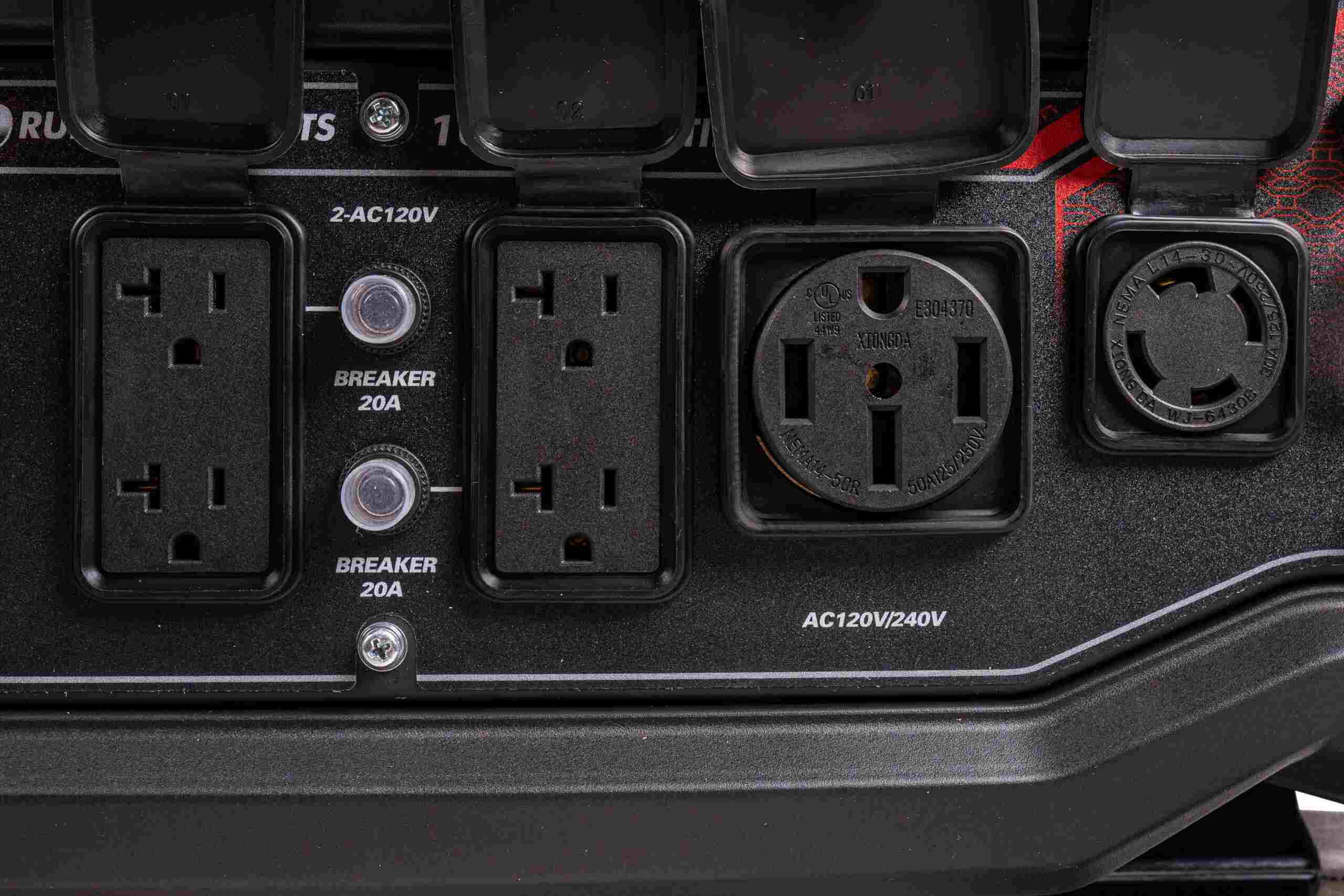 Detailed close-up of the control panel featuring the circuit breakers and covered outlets including 120V duplex, 120V twist lock, and 120/240V twist lock receptacles.