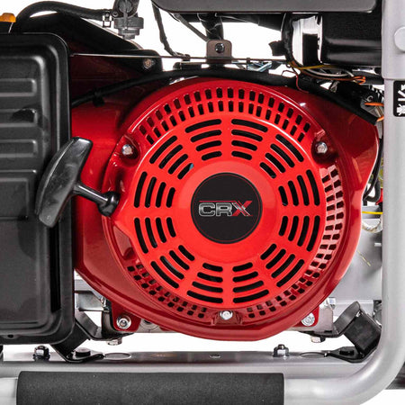 Close-up view of the red CRX engine recoil starter assembly showing the cooling vents, CRX logo, and black pull handle.