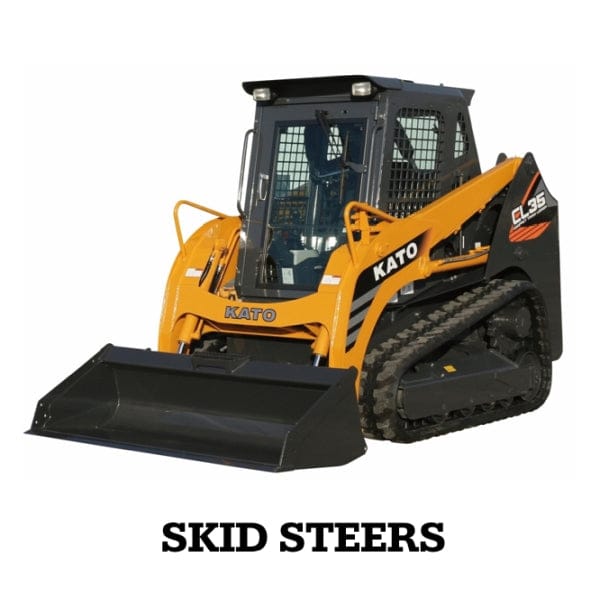 Kato skid steer loader on a white background with 'Skid Steers' text 