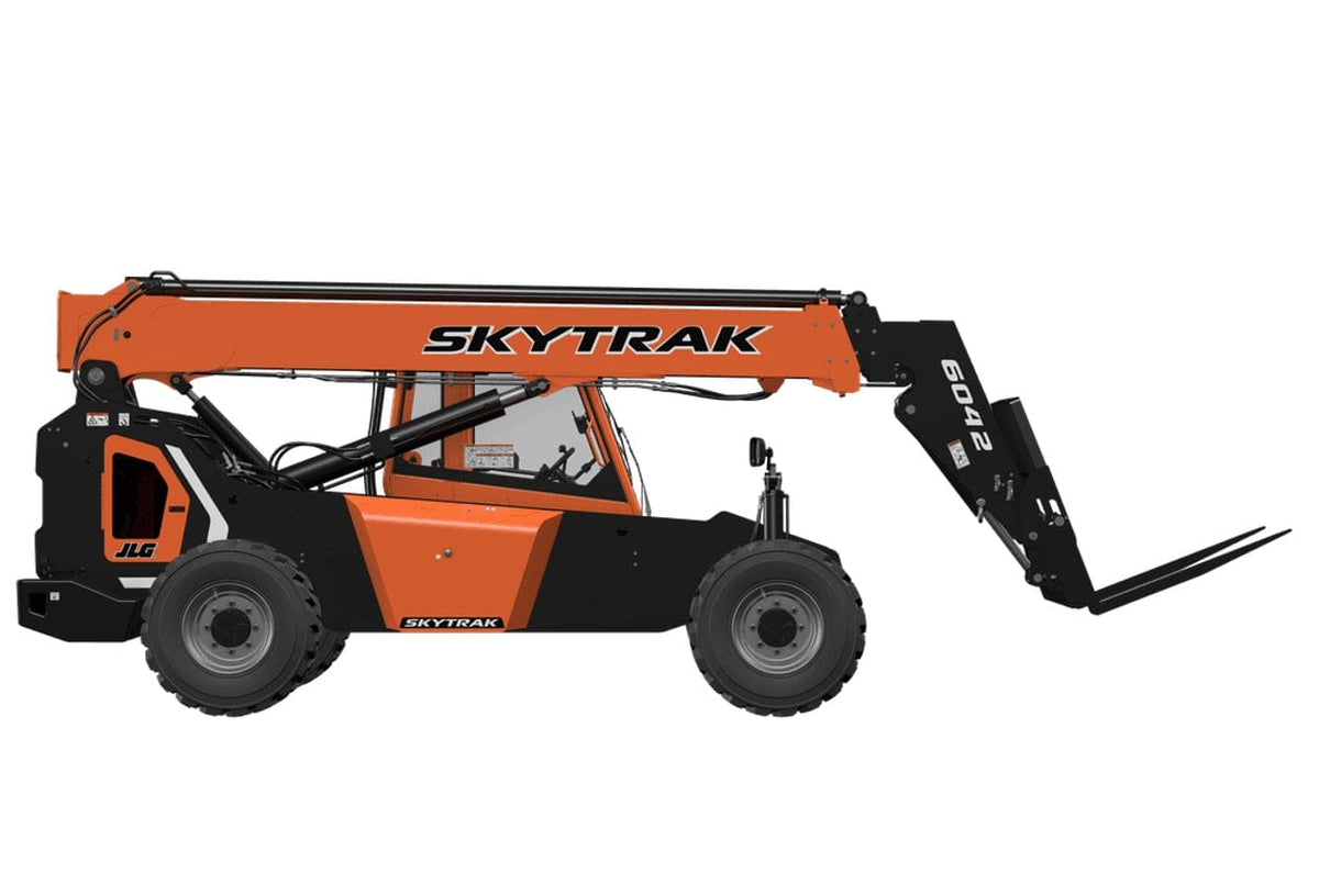 Side view of a SkyTrak 6042 telehandler with telescopic boom and fork attachment, enclosed cab, and rugged tires, designed for lifting heavy materials on construction sites.