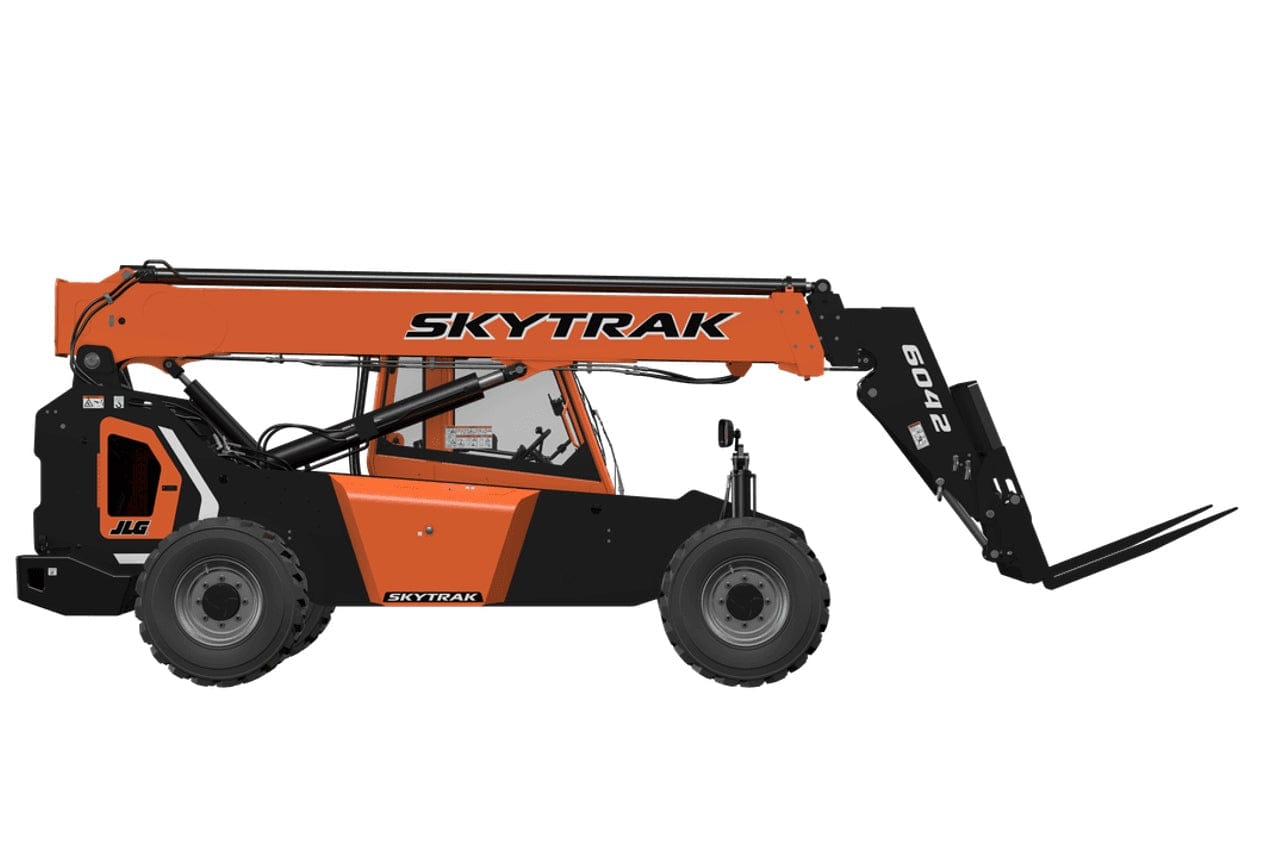 Side view of a SkyTrak 6042 telehandler with telescopic boom and fork attachment, enclosed cab, and rugged tires, designed for lifting heavy materials on construction sites.