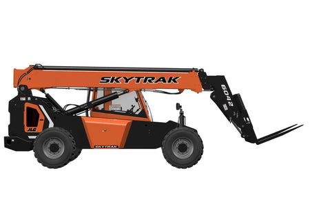 Side view of a SkyTrak 6042 telehandler with telescopic boom and fork attachment, enclosed cab, and rugged tires, designed for lifting heavy materials on construction sites.