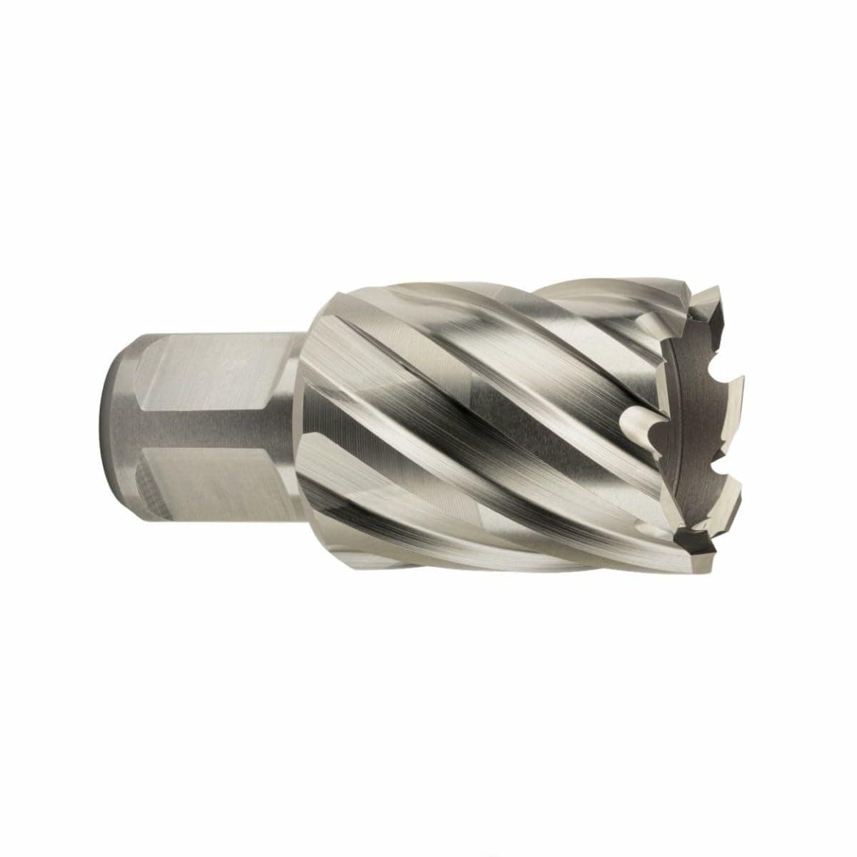 Close-up of the Fein Slugger HSS Annular Cutter, showing the silver finish, the Weldon shank, and the spiral fluting of the cutter head.