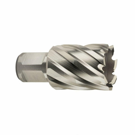 Close-up of the Fein Slugger HSS Annular Cutter, showing the silver finish, the Weldon shank, and the spiral fluting of the cutter head.