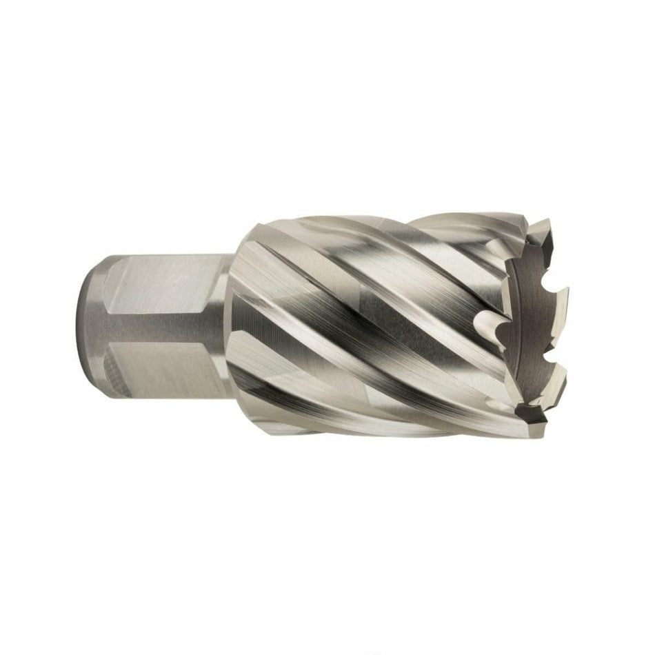 Close-up of the Fein Slugger HSS Annular Cutter, showing the silver finish, the Weldon shank, and the spiral fluting of the cutter head.