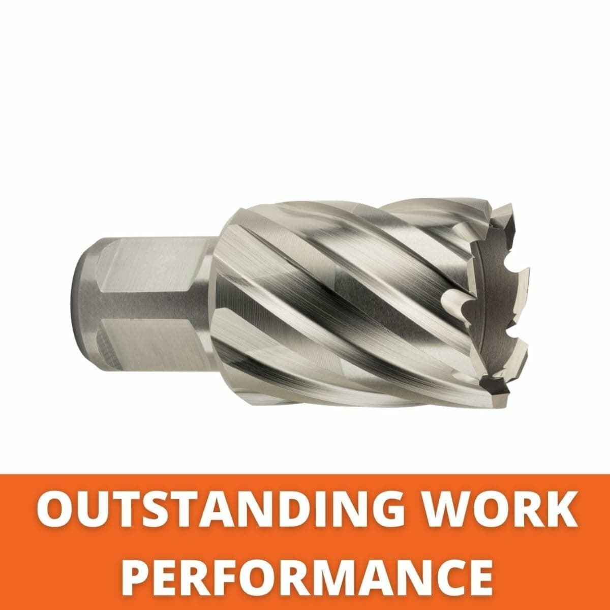 Infographic showing the annular cutter with text that reads: "OUTSTANDING WORK PERFORMANCE" over an orange background.