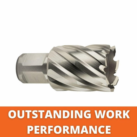 Infographic showing the annular cutter with text that reads: "OUTSTANDING WORK PERFORMANCE" over an orange background.
