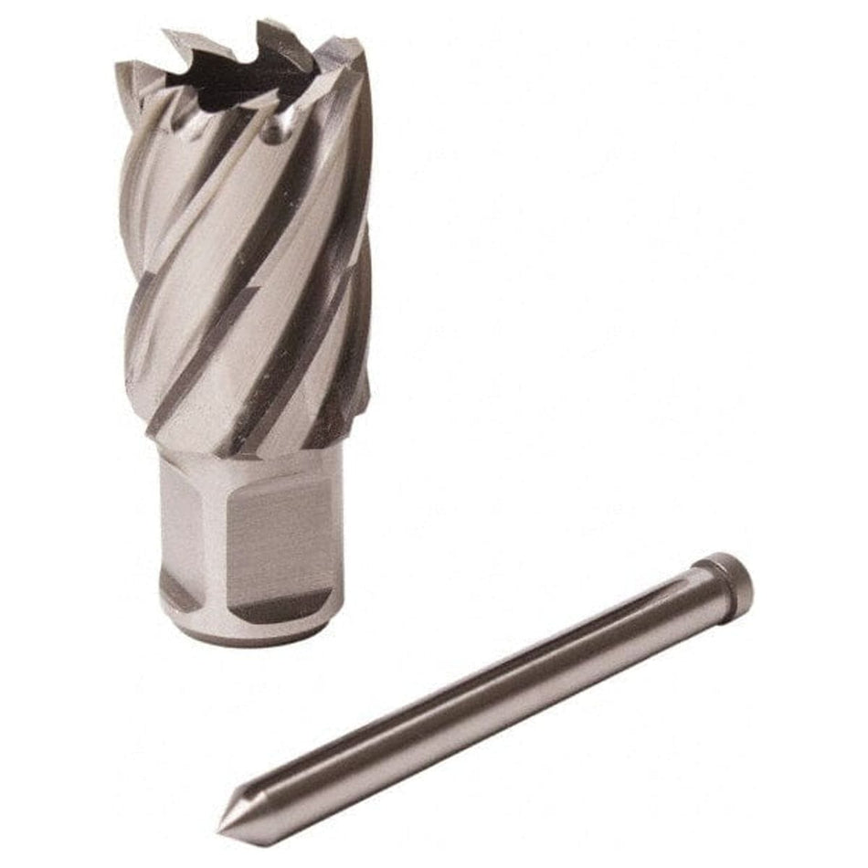 Slugger by Fein HSS annular cutter with 1-1/2" diameter and 2" cutting depth, shown alongside a pilot pin. The cutter features spiral cutting edges and a 3/4" Weldon shank for secure mounting. Designed for CNC-ground, coolant-fed, burr-free steel drilling in metalworking and fabrication applications.