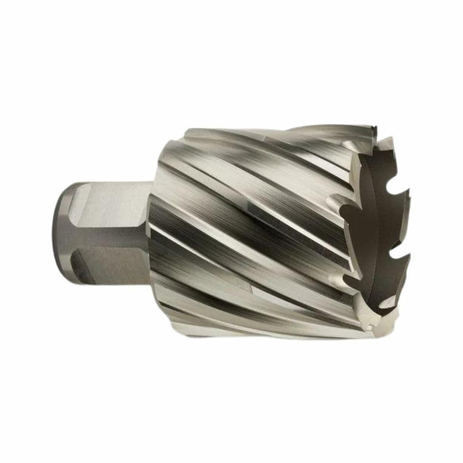Close-up of a Slugger annular cutter showing spiral cutting edges and hollow center, designed for drilling precise holes in metal using a magnetic drill.