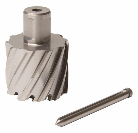 Annular cutter and pilot pin side by side, highlighting the cutter’s helical flutes and the pin used for centering and slug ejection during metal drilling.