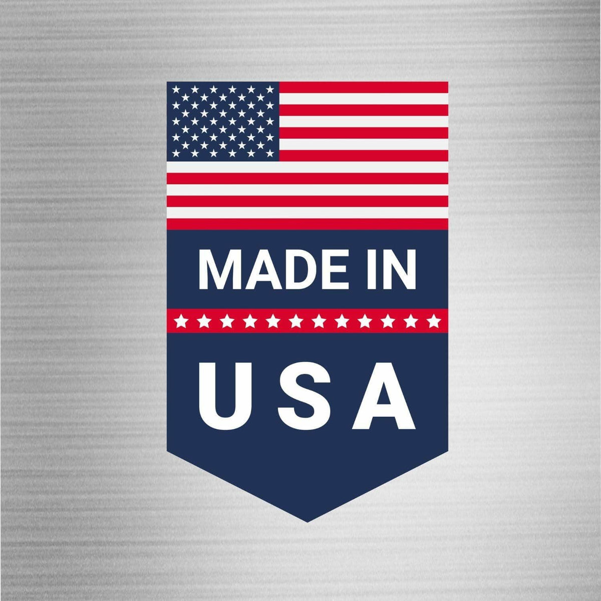 Badge-style graphic featuring the American flag and bold white text reading “MADE IN USA” on a brushed metal background, indicating domestic manufacturing origin.